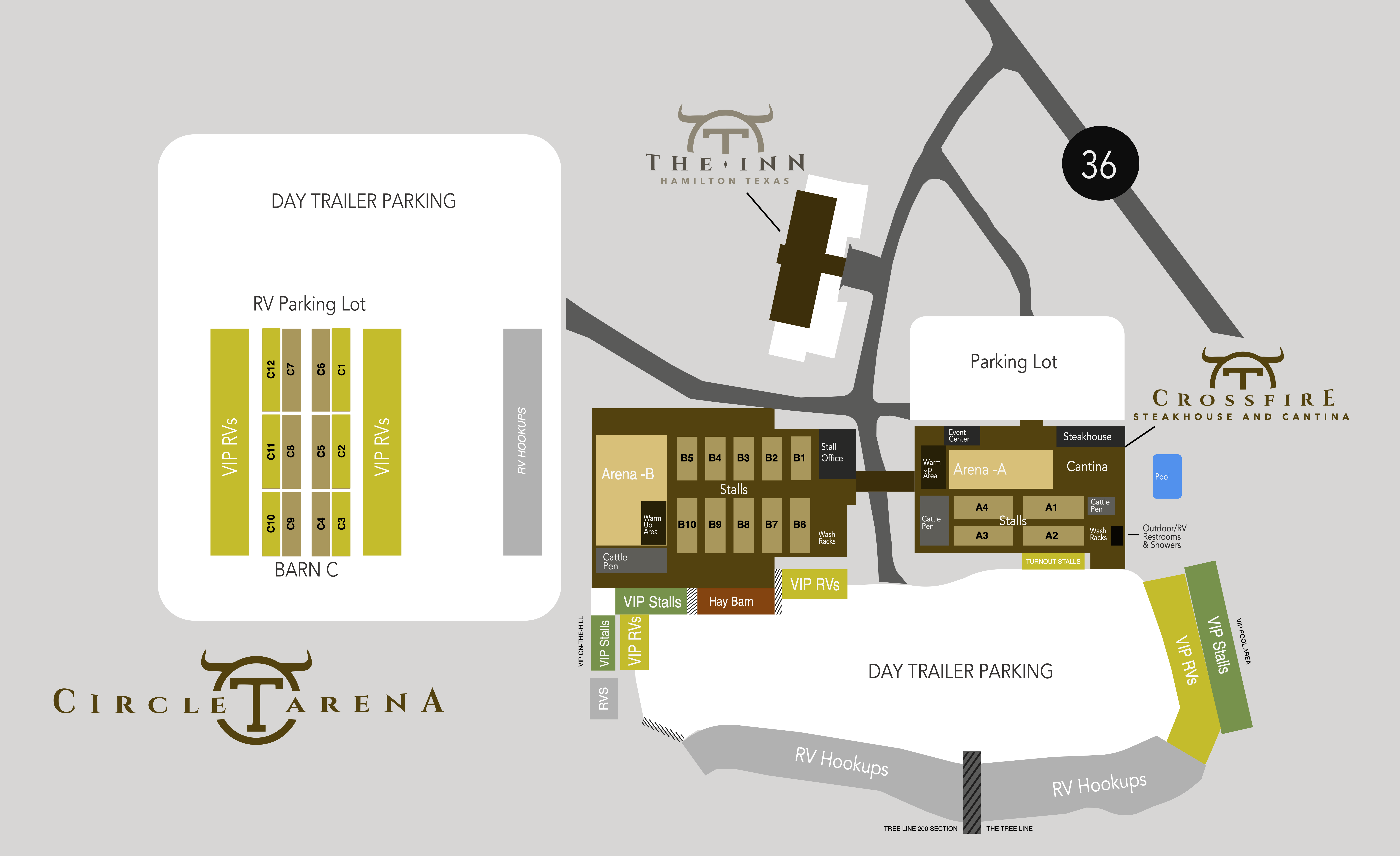 Circle T Arena property layout map showing barns, RV areas, arenas, and amenities